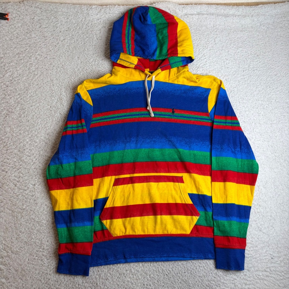 Polo Ralph Lauren Mens Medium Multi Color Striped Cotton Hoodie Sweatshirt